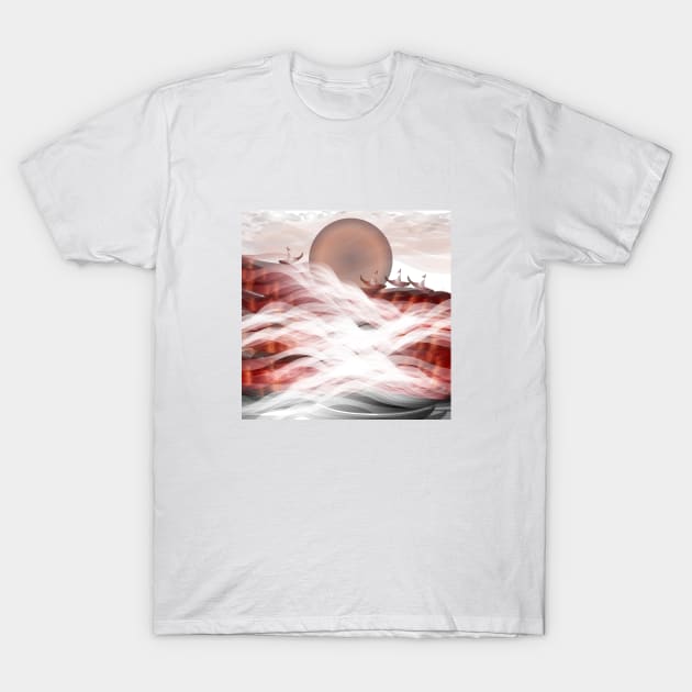 Sailing into the sunset, sunrise, sun, nature, landscape, ocean, boats, digital, summer, beach, sky, clouds, minimal, art, sea, travel, red T-Shirt by PrintedDreams